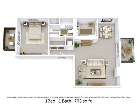 Floor plan for 1 bed, 1 bath, 764 sqft